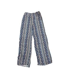 Pink Rose Vintage Boho Print Wide Leg Pants Women's Small Blue Elastic Waist